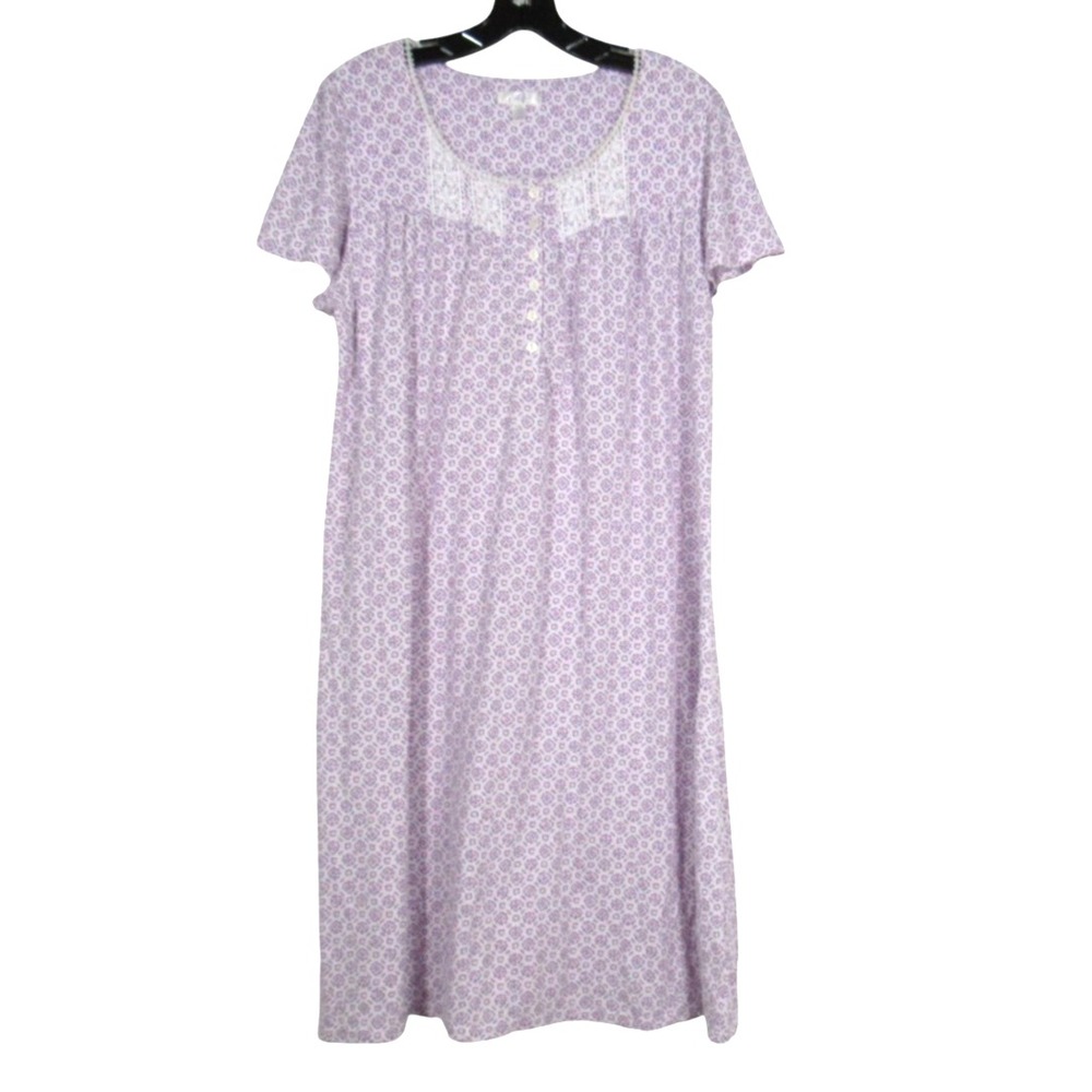 SECRET TREASURES Purple FLORAL DESIGN Knit LACE NECKLINE Lounge NIGHTGOWN Sz L